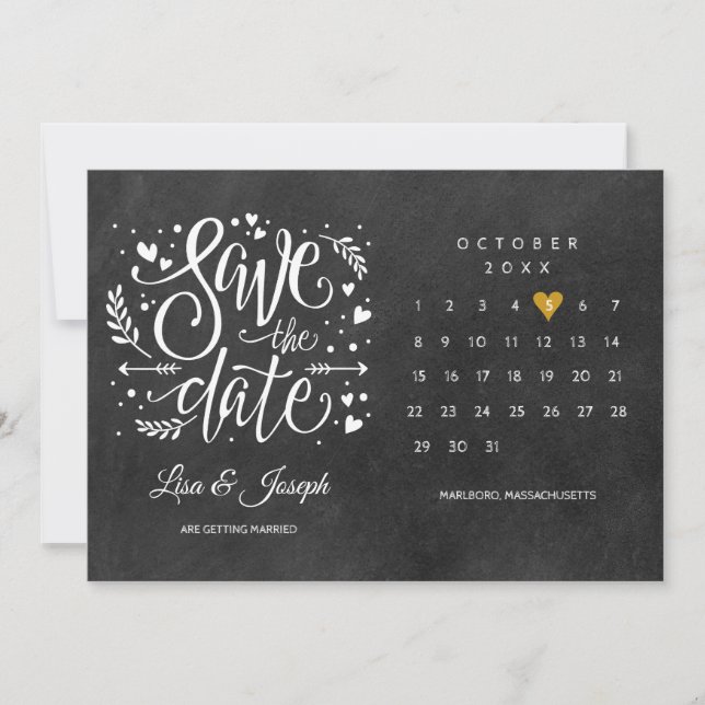 Save The Date Calendrier Gold Love Heart Chalkboard (Devant)