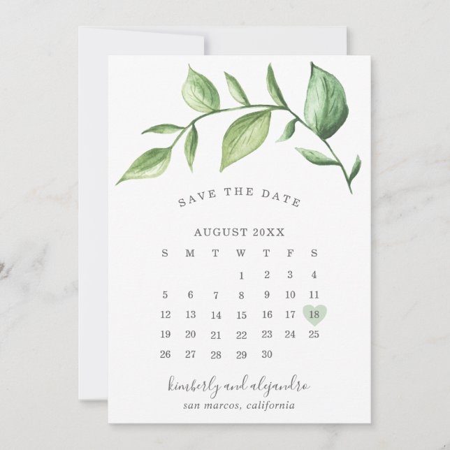Save The Date Calendrier Mariage rustique Élégant de la verdure (Devant)