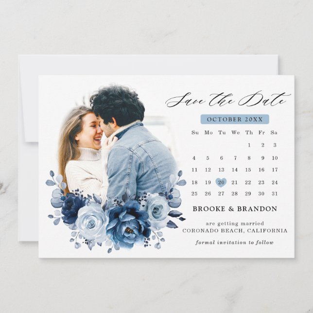 Save The Date Calendrier photo botanique marine ardoise bleue po (Devant)