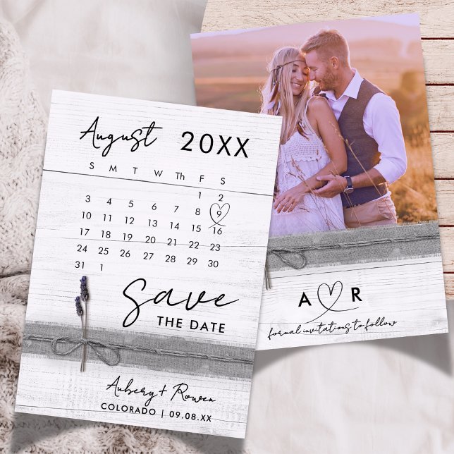 Save The Date Calendrier photo moderne élégant Lavande en bois r (Créateur téléchargé)
