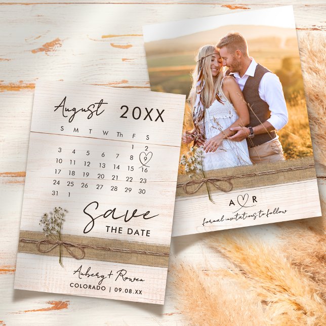 Save The Date Calendrier photo moderne élégant Mariage en bois r (Créateur téléchargé)