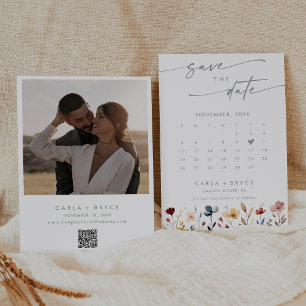 Save The Date Calendrier photo QR Code de fleurs sauvages bohème