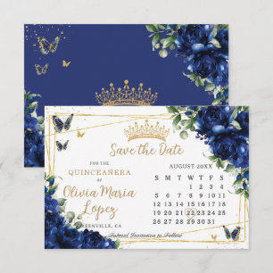 Save The Date Calendrier Quinceañera Fleurs de Roses Bleu Royal