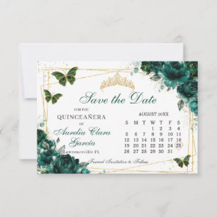 Save The Date Calendrier Quinceanera Fleurs Vert Émeraude 16e