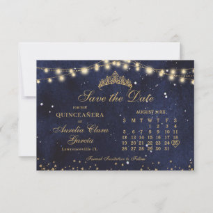 Save The Date Calendrier Quinceanera Nuit Étoilée Bleu Nuit Or