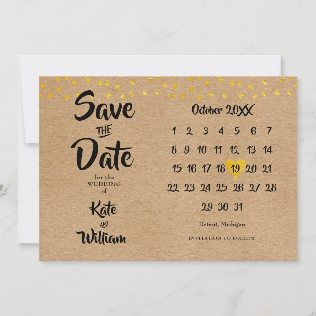 Save The Date Calendrier Rustique Boho Elegant Gold Heart (Devant)