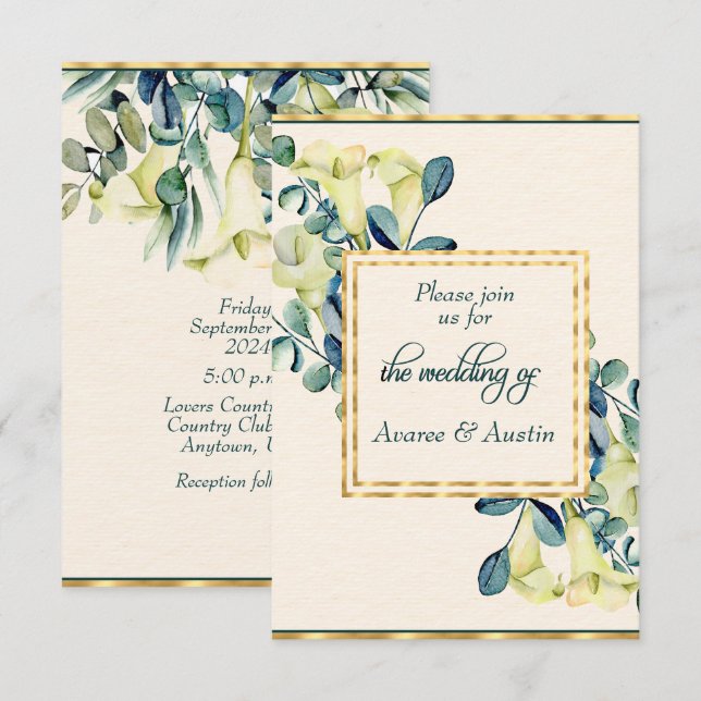 Save The Date Calla Lily et Eucalyptus blancs (Devant / Derrière)