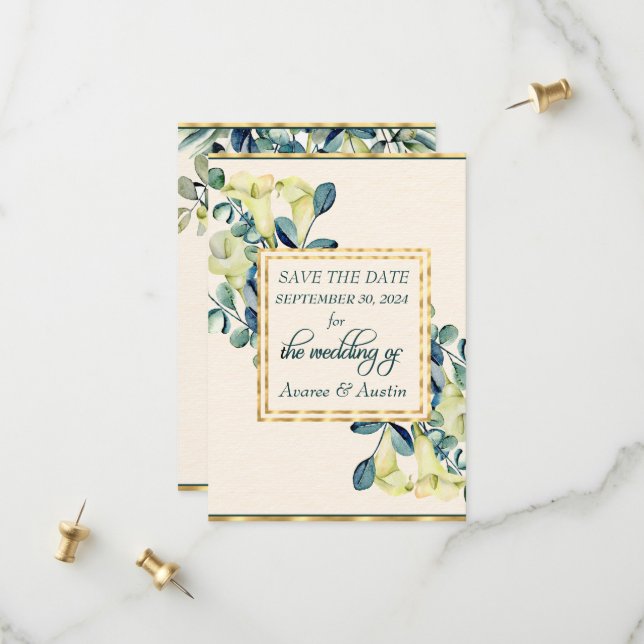 Save The Date Calla Lily et Eucalyptus blancs (Devant/Arrière en situation)