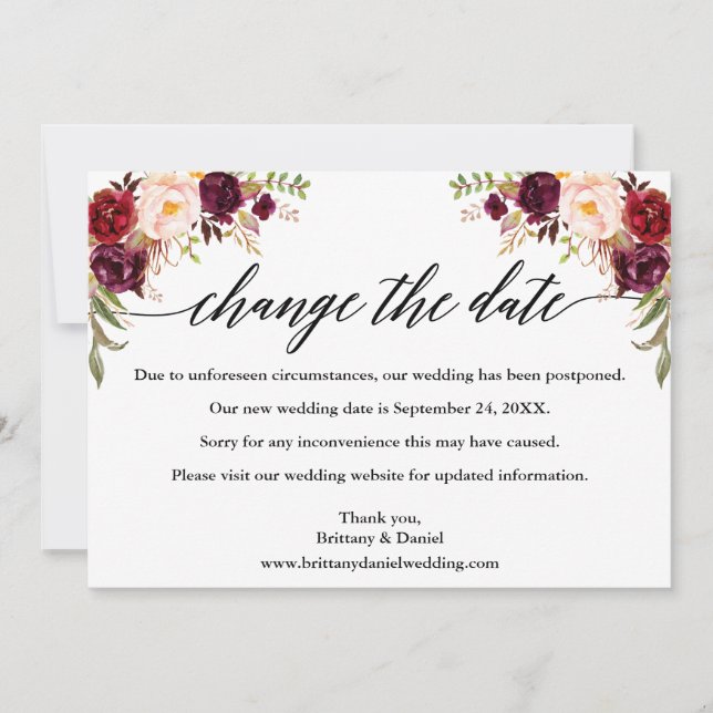 Save The Date Calligraphie Bourgogne Floral Nouveau Mariage Cart (Devant)