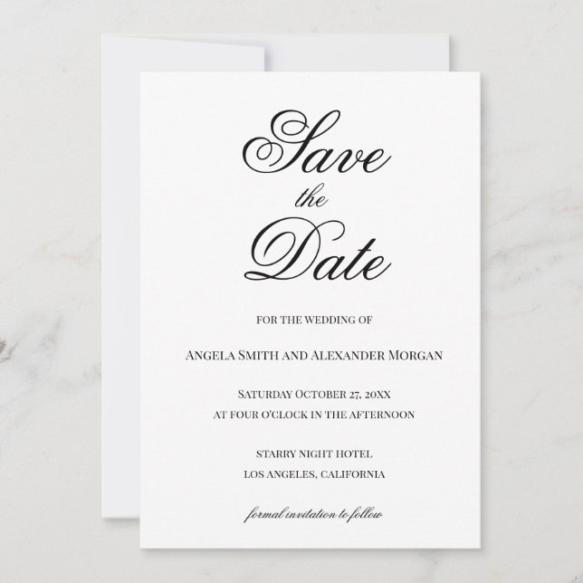 Save The Date Calligraphie de script fantaisie noir et blanc (Devant)
