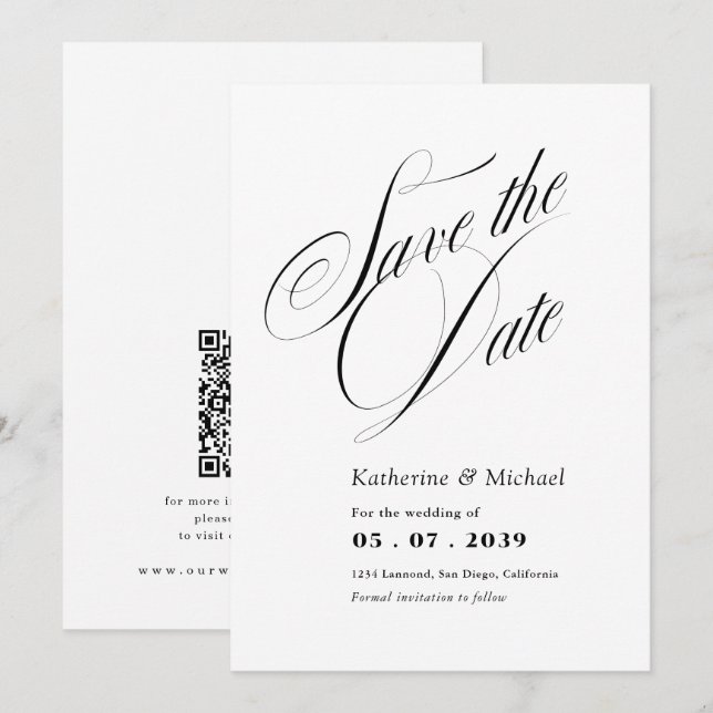 Save The Date Calligraphie de script romantique Code QR Mariage (Devant / Derrière)