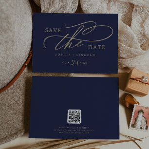Save The Date Calligraphie d'or romantique Marine QR Code horizo