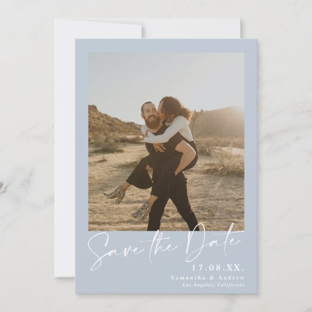 Save The Date Calligraphie élégante bleu 2 photos enregistrer la (Devant)