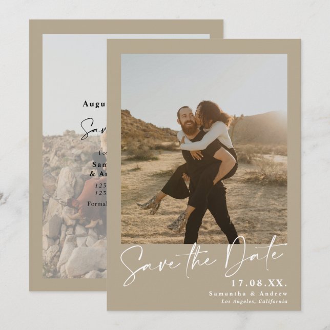 Save The Date Calligraphie élégante kaki 2 photos enregistrer la (Devant / Derrière)