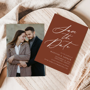 Save The Date Calligraphie Élégante Photo Mariage Terracotta