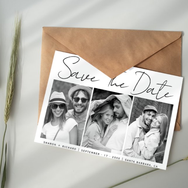 Save The Date Calligraphie en noir et blanc 3 photo collage (Créateur téléchargé)