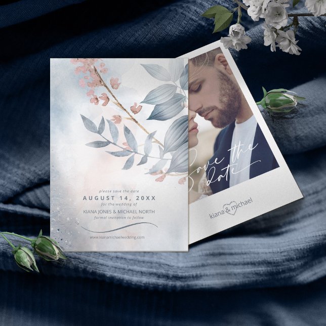 Save The Date Calligraphie Florale Bleu Poussiéreux ID771 (Créateur téléchargé)