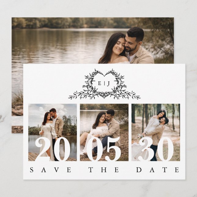 Save The Date Calligraphie moderne minimaliste Crête monogramme  (Devant / Derrière)