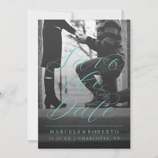 Save The Date Calligraphie moderne Photo Aqua Green (Devant)