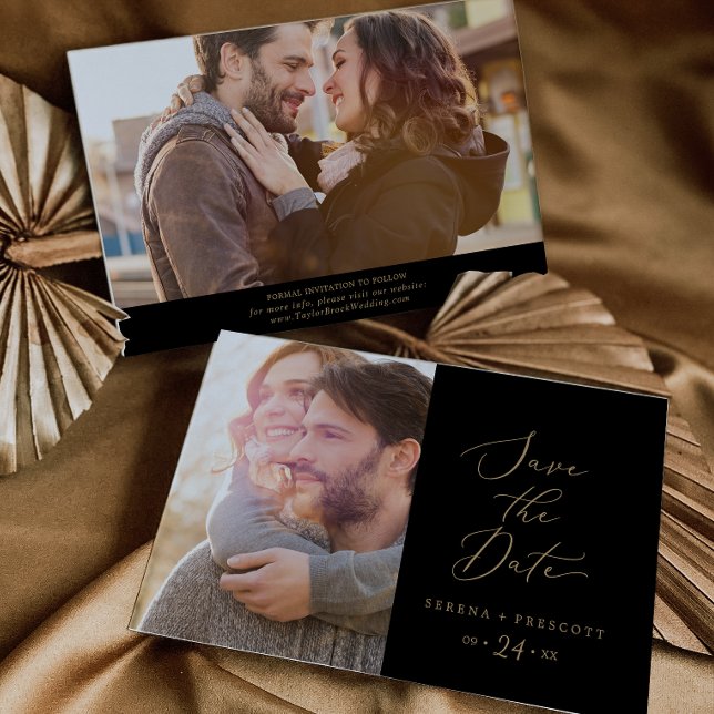 Save The Date Calligraphie Or Délicate | Photo noire (Créateur téléchargé)