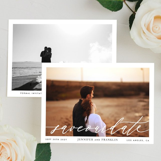 Save The Date Calligraphie photo du code QR encadré noir et blan (Créateur téléchargé)