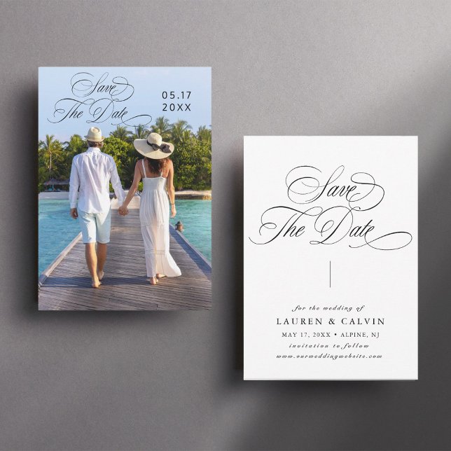 Save The Date Calligraphie romantique Photo noir et blanc (Front & Back)