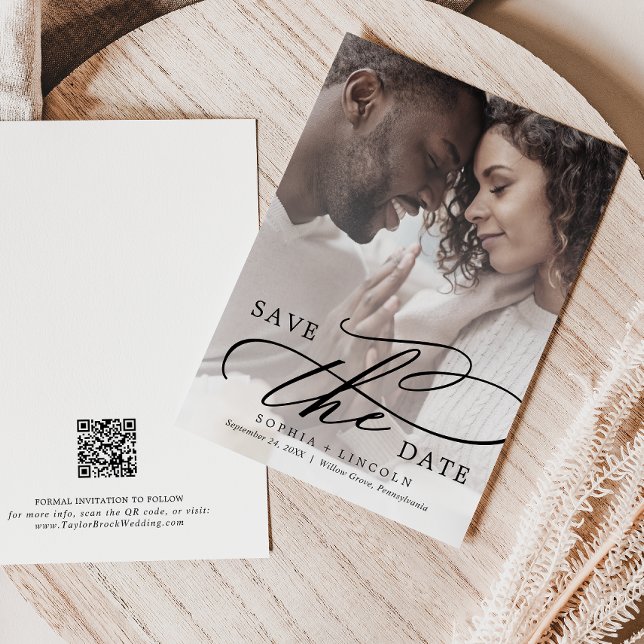 Save The Date Calligraphie Romantique QR Code Photo Overlay Enre (Créateur téléchargé)