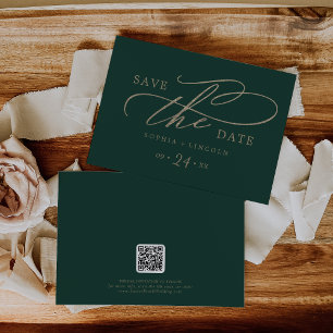 Save The Date Calligraphie romantique verte Code QR horizontale