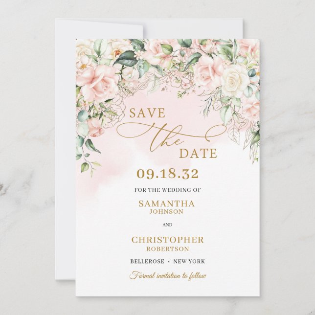 Save The Date Calligraphie roses rose rose pâle eucalyptus or (Devant)
