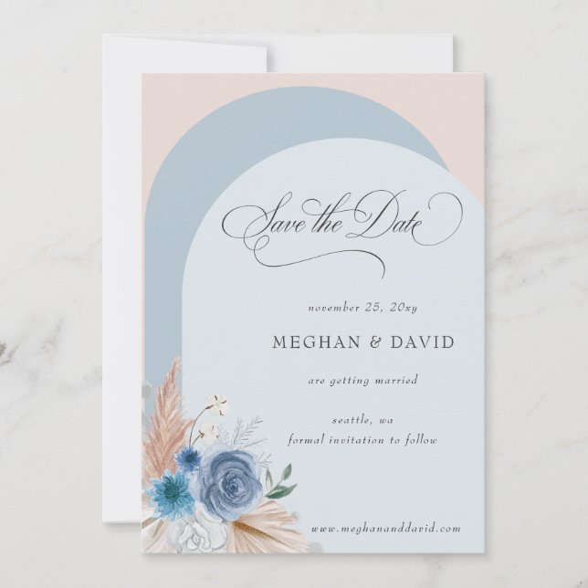 Save The Date Calligraphie Rustique Boho Dusty Blue Pampas (Devant)
