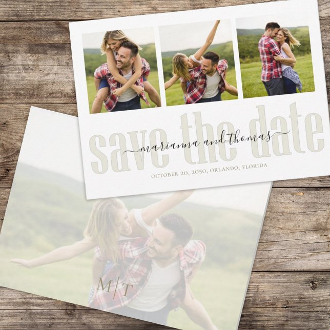 Save The Date Calligraphie Vellum Script Stylish Multi Photo (Simple multi photo save-the-date photo card with stylish calligraphy and block-style lettering. )