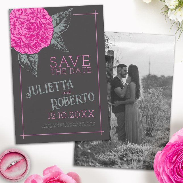 Save The Date Camélia encrée mariage rose gris brun (Créateur téléchargé)