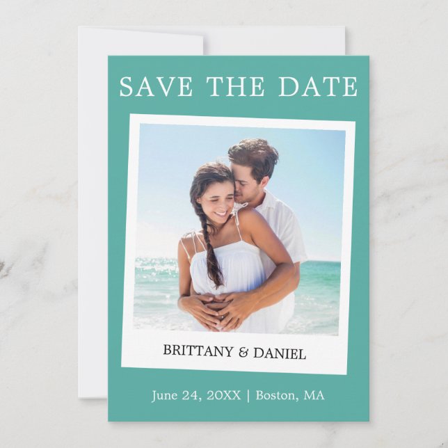 Save The Date Caméra instantanée Style Couple Photo Turquoise (Devant)