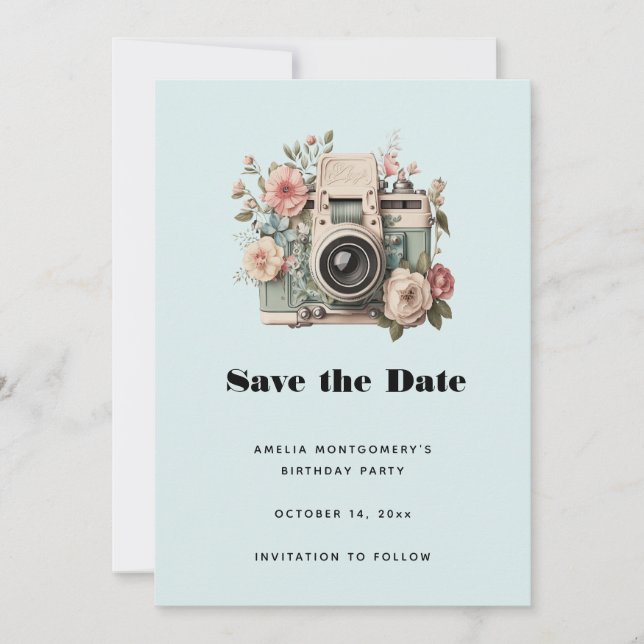 Save The Date Camera with Flowers Retro Pastel Image (Devant)