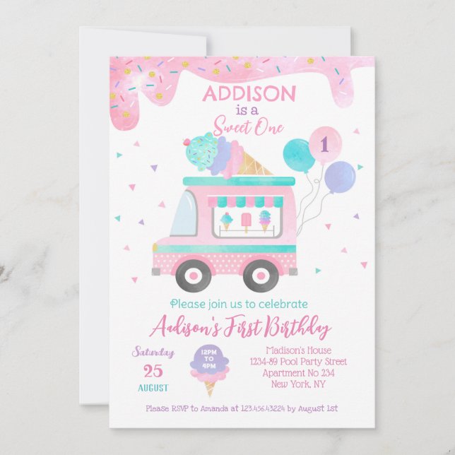 Save The Date Camion crème glacée Sweet One 1st Birthday Invitat (Devant)