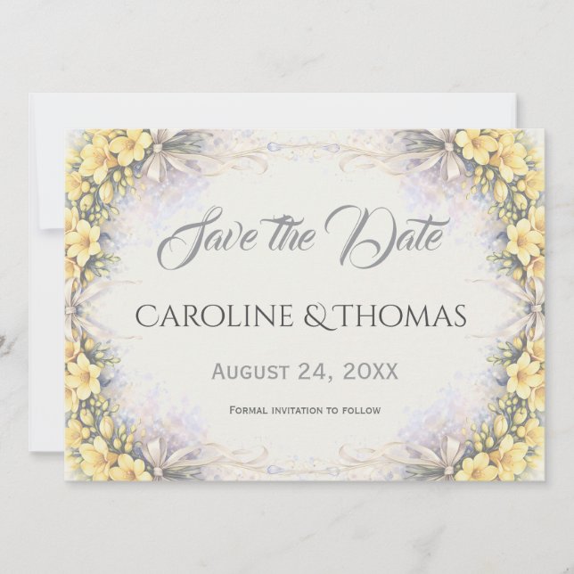 Save The Date Canary Yellow Romantic Freesia  Floral Wedding (Devant)