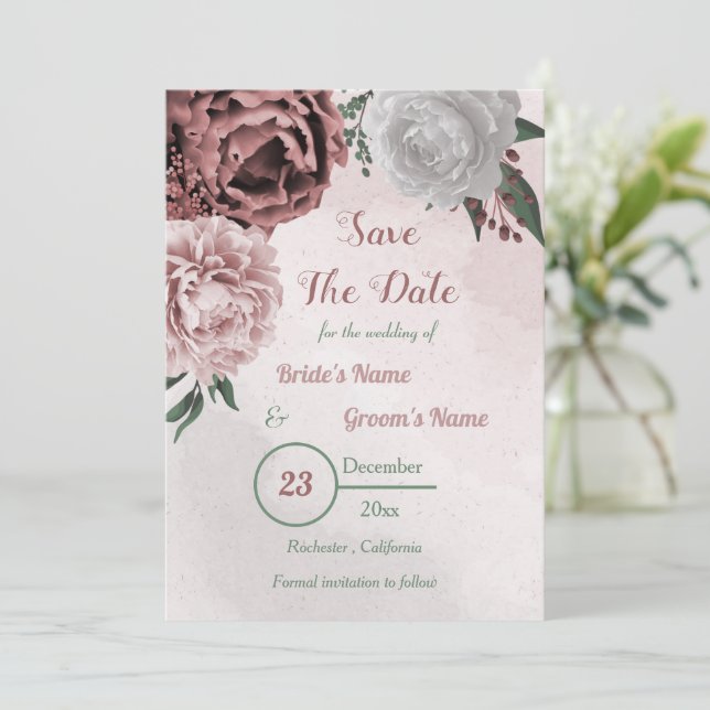 Save The Date cannelle rose blanc fleuri vert (Debout devant)