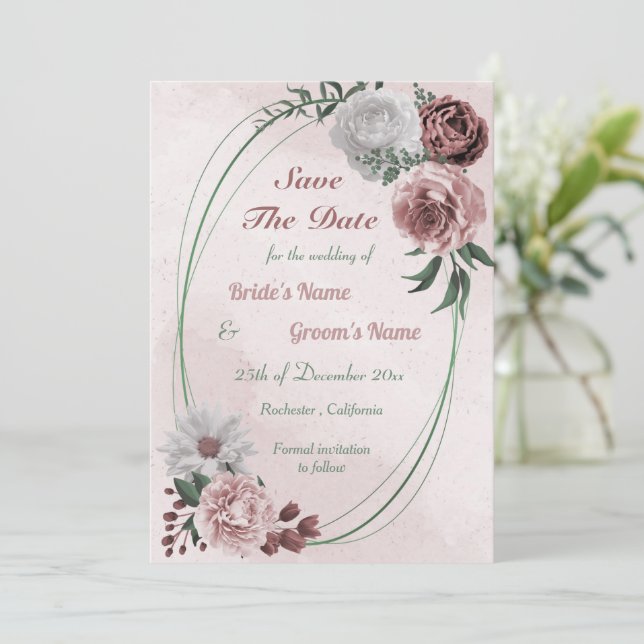 Save The Date cannelle rose blanc floral géométrique (Debout devant)