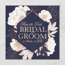Save the date card blue gold peony