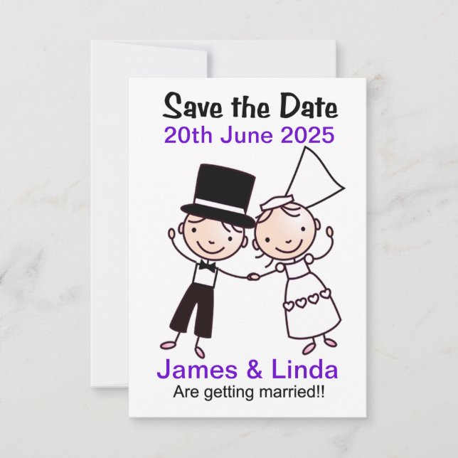 Save The Date Card Cartoon Couple Lilac (Front)