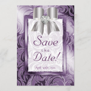 Save the Date Card Leaf Floral Purple Silver Bow