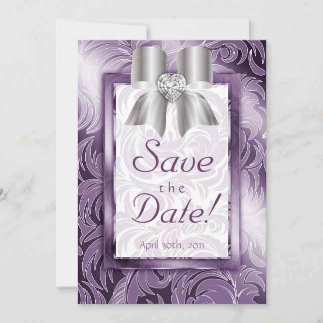 Save the Date Card Leaf Floral Purple Silver Bow (Front)