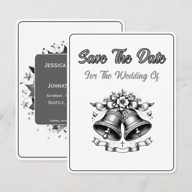 Save The Date Card Monochrome Wedding Bells (Front/Back)