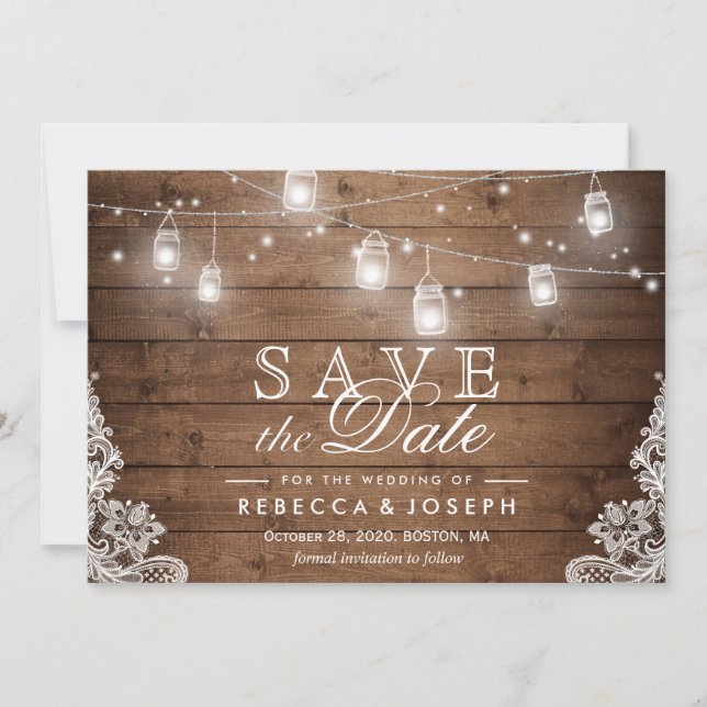 Save the Date Card Rustic Mason Jar String Lights (Front)