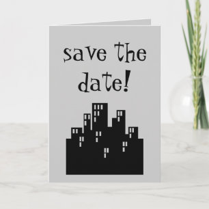 save the date! card with city skyline