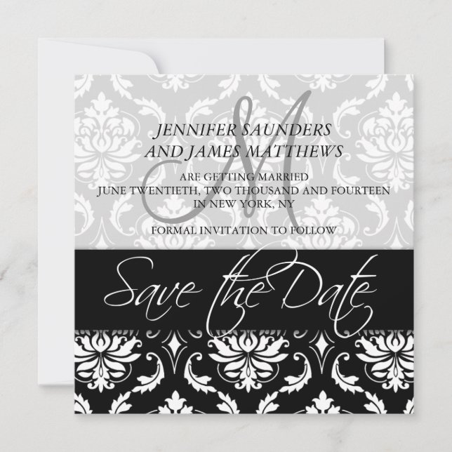 Save the Date Cards Black Damask Monogram Names (Front)