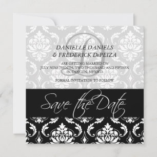 Save the Date Cards Black Damask Monogram Names