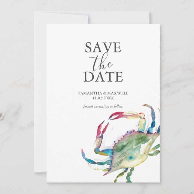Save The Date Cards Watercolor Blue Crab (Front)