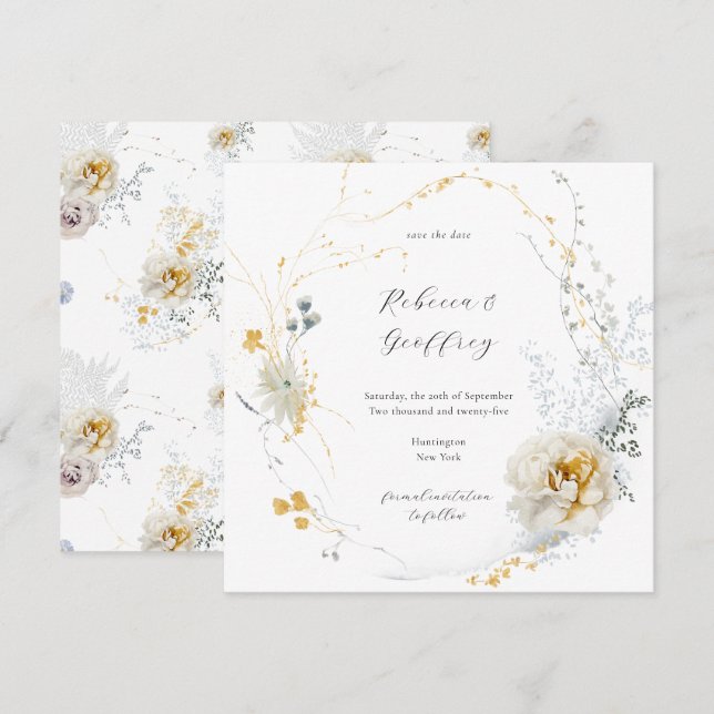 Save The Date Carré de calligraphie florale délicieuse en fleurs (Devant / Derrière)