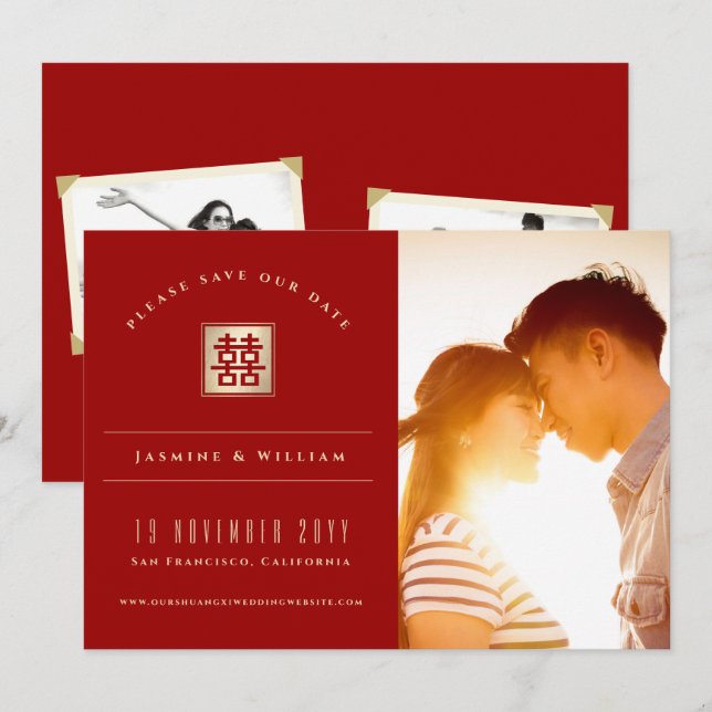 Save The Date Carré d'or Double Bonheur Mariage chinois Photo (Devant / Derrière)